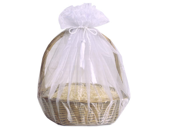 *White Organza Basket Wrapper with Tie Cord, 48" Diameter, 3 Pack