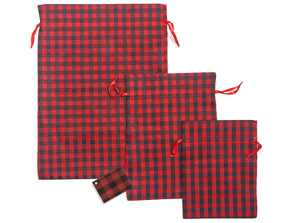 Red Buffalo Plaid Reusable Fabric, Gift Bag Assortment, 9 Pack