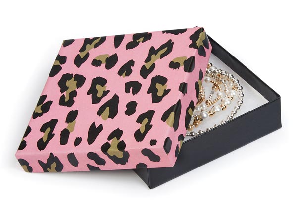 Lipstick Leopard Jewelry Gift Boxes 3.5x3.5x1", 100 Pack, Fiber Fill