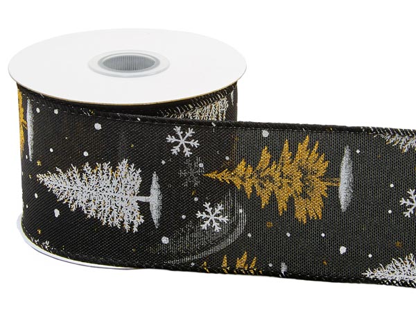 White and Gold Trees on Black Wired Ribbon, 2-1/2 x10 yards