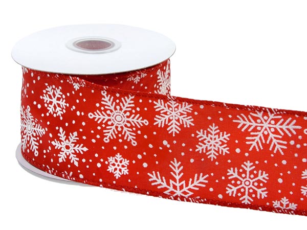 Snowflakes on Red Wired Ribbon, 2-1/2" x 10 yards
