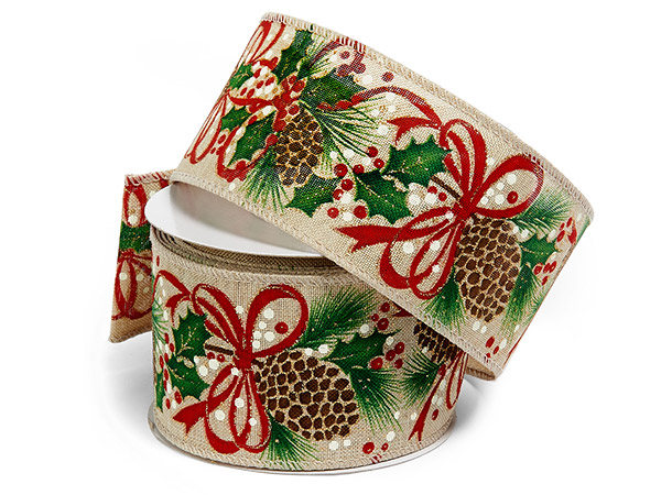 Christmas Pine Wired Ribbon, 2-1/2" x 10 yards