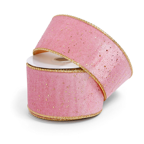 Pink Velvet with Gold Glitter Wired Ribbon, 2-1/2" x 10 yards