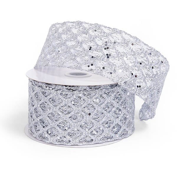 Silver Lattice Glitter Wired Ribbon 2-1/2" x 10 yards