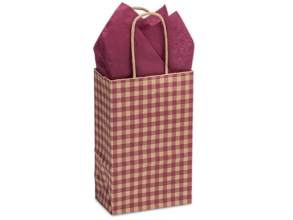 Burgundy Gingham Paper Shopping Bags, Rose 5.5x3.25x8.5", 25 Pack