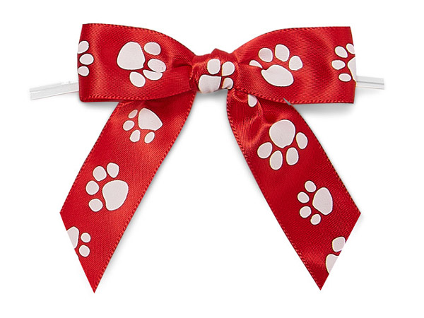 3" White Paw on Red Pre-Tied Satin Bows w/Twist Ties,12 Pack