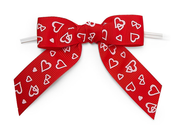 3" White Hearts on Red Pre-Tied Grosgrain Bows w/Twist Ties,12 Pack