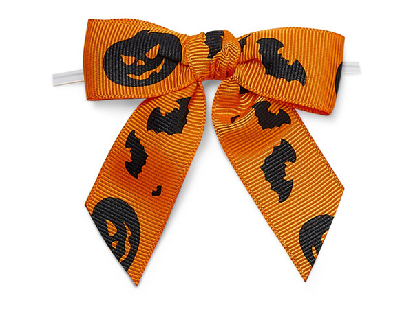 3"  Black Pumpkin on Orange Pre-Tie Grosgrain Gift Bows w/Ties,12pcs