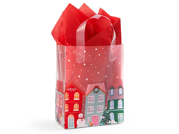 Christmas Village Plastic Gift Bags Cub 8x4x10", 25 Pack, 4 mil