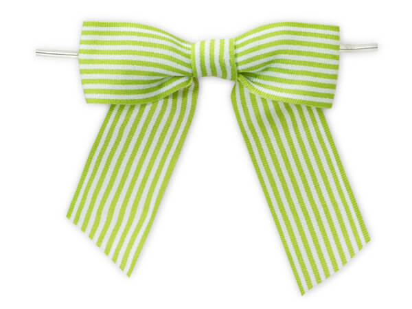 3" Lime Green Pre-tied Stripes Grosgrain Gift Bows, 24 pack