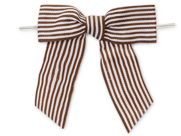 *3" Brown and White Pre-tied Stripe Grosgrain Gift Bows, 24 pack