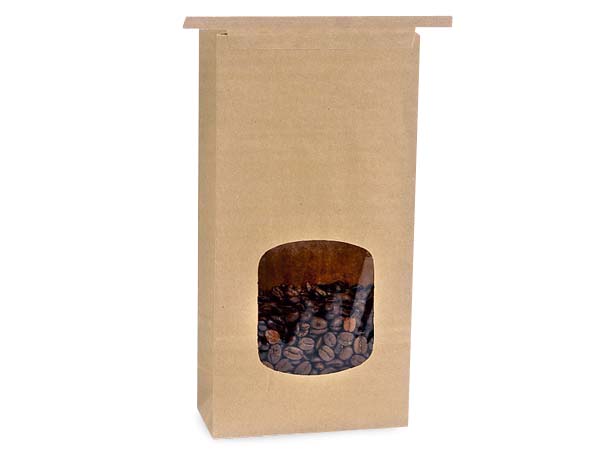 100 1 lb Kraft Window Coffee Bags 4-3/4"x2-1/2"x9-1/2"