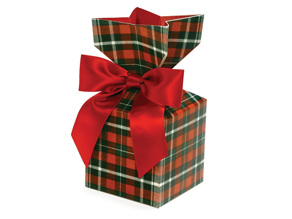 Christmas Plaid Cinch Gift Box 3.5x3.5x7", 6 Pack
