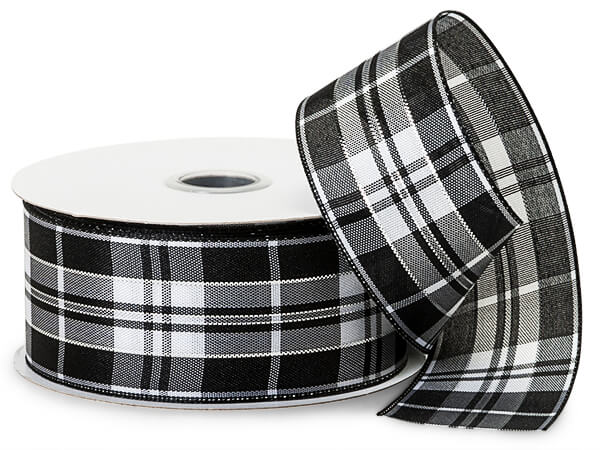 *Black and White Plaid Ribbon with Silver Accents, 1-1/2"x10 yards