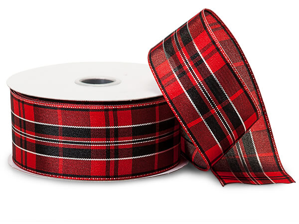 *Red and Black Plaid Ribbon with Silver Accents, 2-1/2"x10 yards