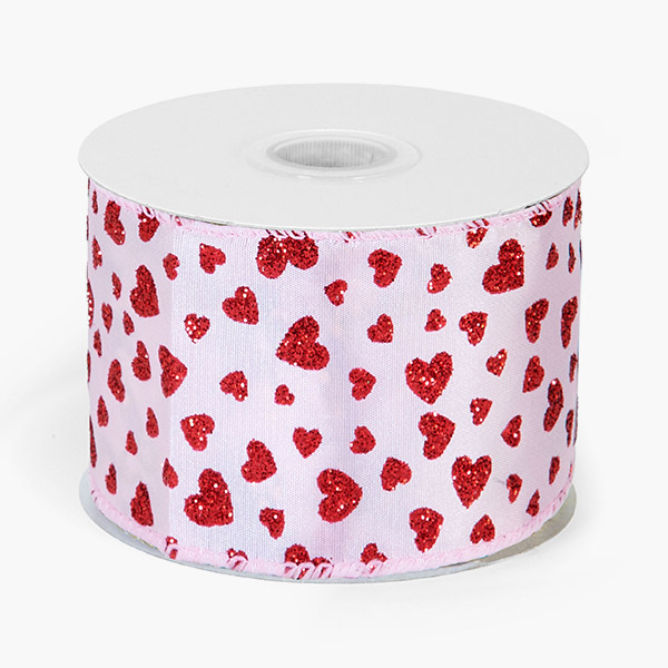Pink Romantic Glitter Tiny Heart Wired Ribbon, 2-1/2"x10 yards