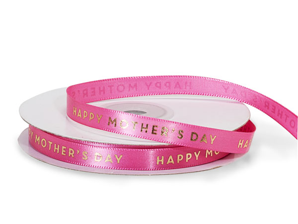 Gold Happy Mother's Day on Hot Pink Satin Ribbon, 3/8" x 10 yards