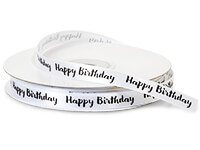Happy Birthday ribbon printed in silver ink and gold stars on 5/8 white  single face satin