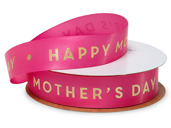 Gold Happy Mother's Day on Hot Pink Satin Ribbon, 7/8" x 10 yards