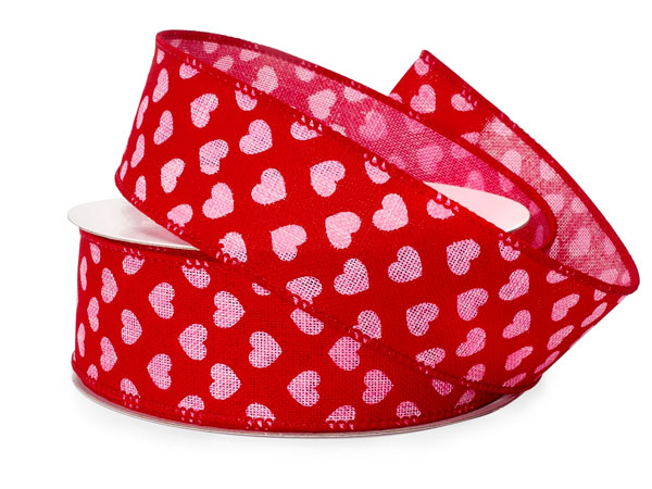 Valentine Script and Heart Wired Ribbon, 2.5 inches x 10 Yards (30 feet)  Red and White