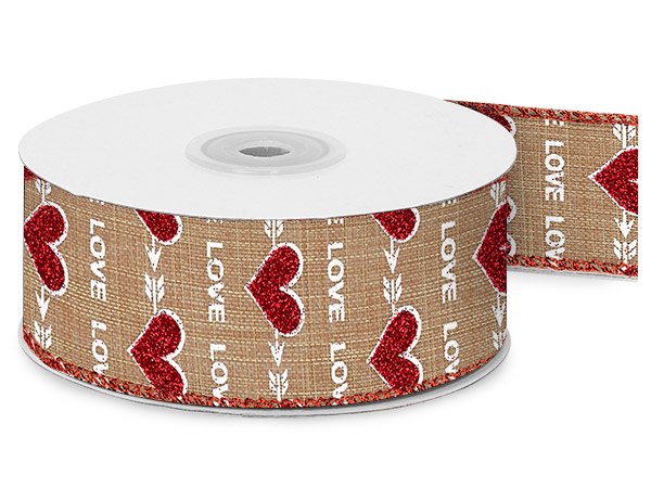 *Natural Red Heart Glittered Love Wired Ribbon, 1-1/2" x 10 yard