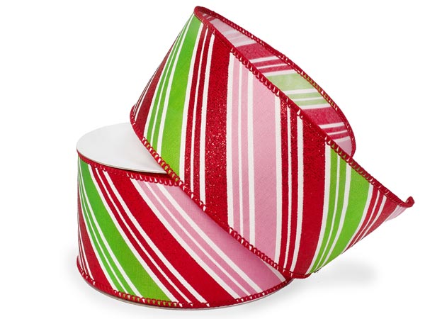 Red, Pink and Green Stripe Wired Ribbon, 2-1/2"x10 yards