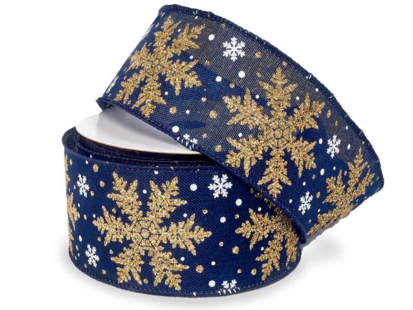 Navy with Gold Snowflakes Wired Ribbon, 2-1/2"x10 yards
