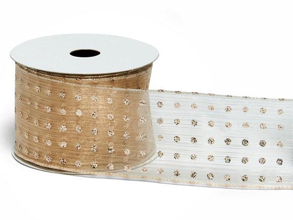 Sheer Gold Glittered Dots Wired Ribbon