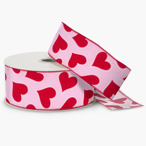 Red Hearts on Pink Ribbon, 2-1/2"x10 yards