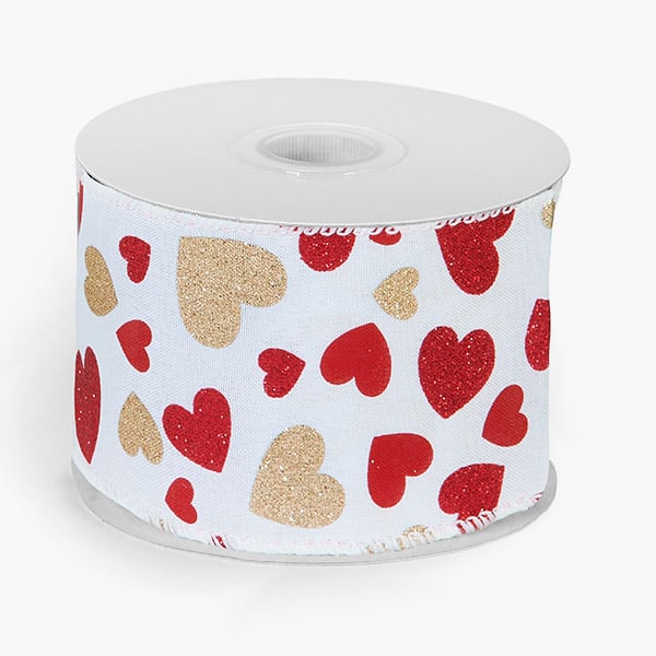 Cream Sparkling Heart Wired Ribbon, 2-1/2"x10 yards