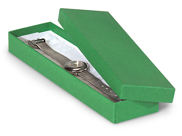Green Kraft Jewelry Gift Boxes, 8x2x1", 100 Pack, Fiber Fill