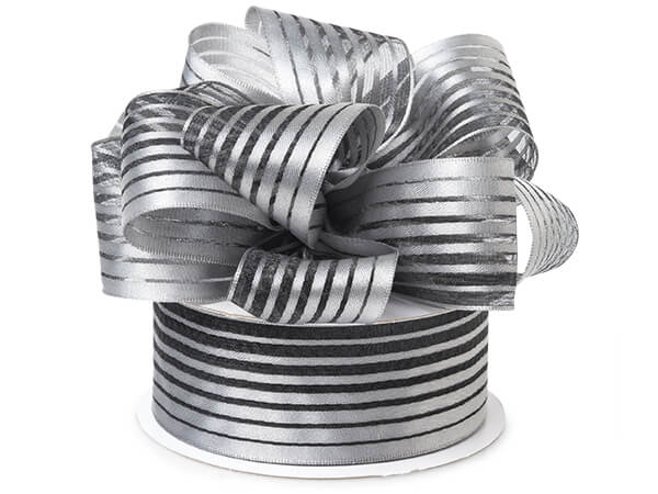 Silver Metallic Stripes on Black Sheer Ribbon, 1-1/2"x25 yards