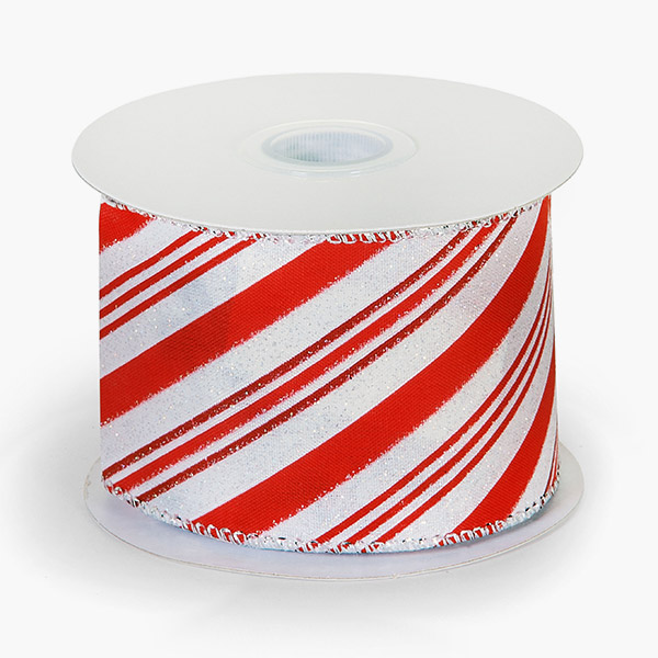 Diagonal Red and White Stripes Wired Ribbon, 2-1/2"x10 yards