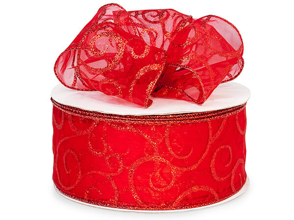 Red with Red Glitter Swirls Sheer Wired Ribbon, 2-1/2"x50 yards