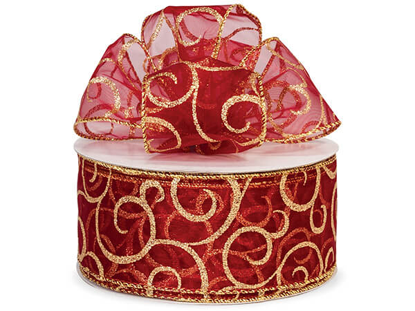 Sheer Wired Deep Red with Gold Glitter Swirls Ribbon