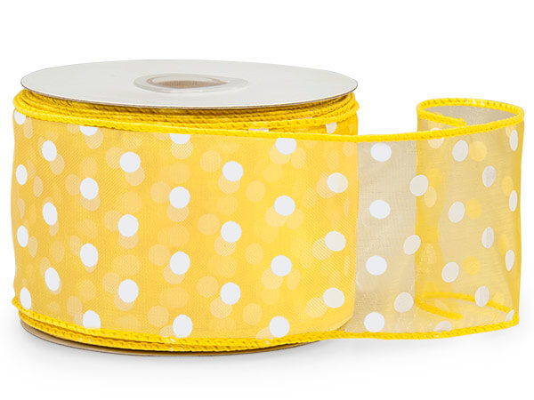 Sunshine Yellow with White Dots Sheer Wired Ribbon, 2-1/2"x25 yards