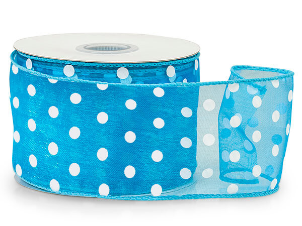 *Turquoise with White Polka Dots Sheer Wired Ribbon, 2-1/2"x25 yards