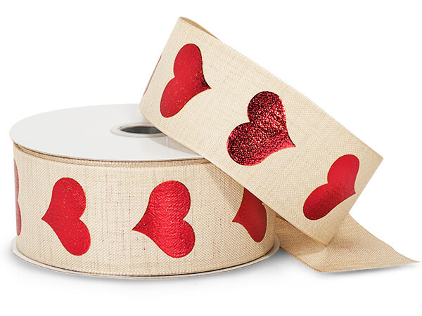 Metallic Red Hearts on Ivory Linen Ribbon, 1-1/2x10 Yards