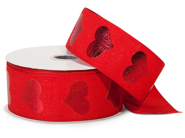 Metallic Red Hearts on Red Linen Ribbon, 1-1/2"x10 yards