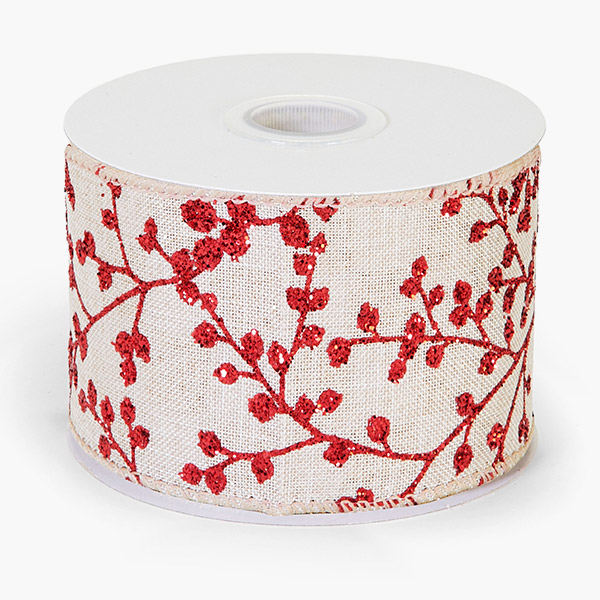 Red Berries and Vine Burlap Wired Ribbon, 2-1/2"x10 yards
