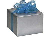 Gift box, paper and foam, blue / silver / white, 1-7/8 x 1-7/8 x 1-3/8 inch  square with ribbon and bow. Sold per pkg of 12. - Fire Mountain Gems and  Beads