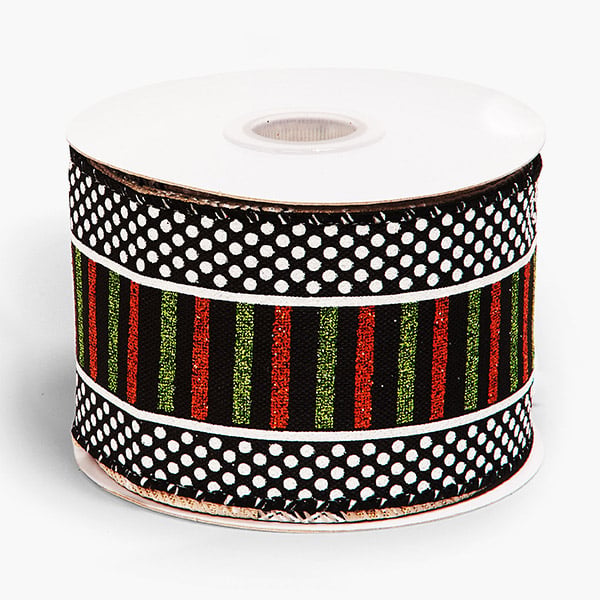 Halloween Black Stripes and Dots Wired Ribbon, 2-1/2"x10 yards