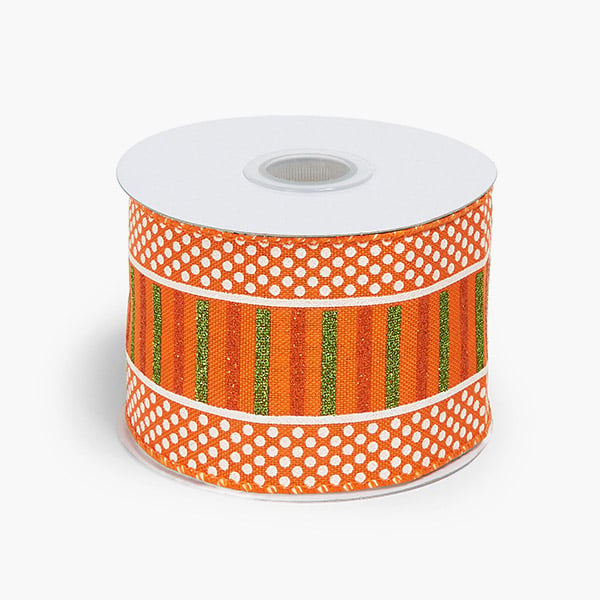 Halloween Orange Stripes and Dots Wired Ribbon, 2-1/2"x10 yards
