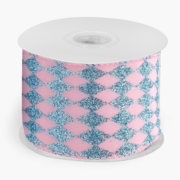 Harlequin Pink and Blue Glittered Wired Ribbon, 2-1/2"x10 yards
