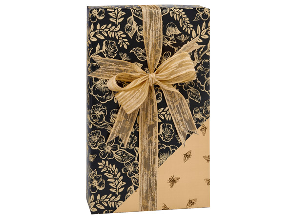 Timeless Floral Black Reversible Gift Wrap, 24"x85' Cutter Roll