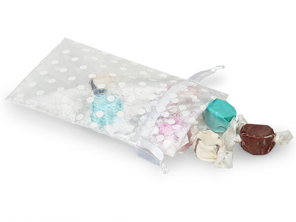 *White Polka Dots on White Organza Favor Bags, 4x6", 10 Pack