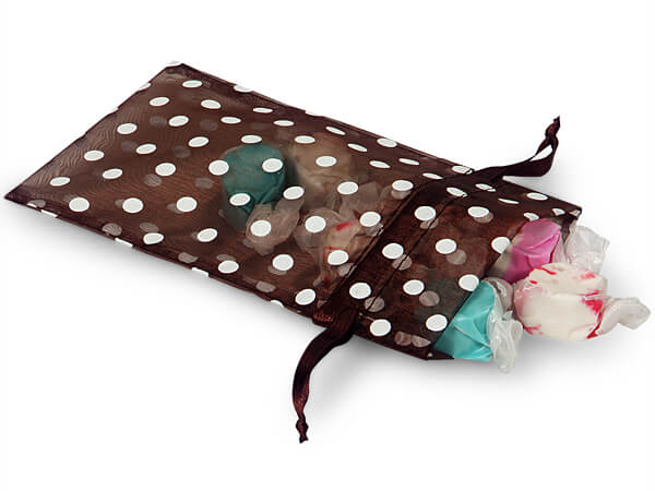 White Polka Dots on Chocolate Organza Favor Bags, 4x6", 10 Pack