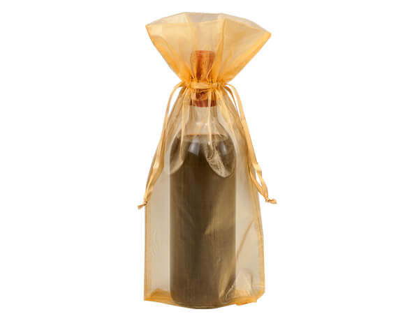 Gold Organza Wine Bags, 6.5x15", 10 Pack