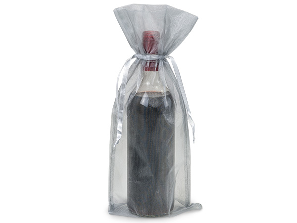 Silver Organza Wine Bags, 6.5x15", 10 Pack