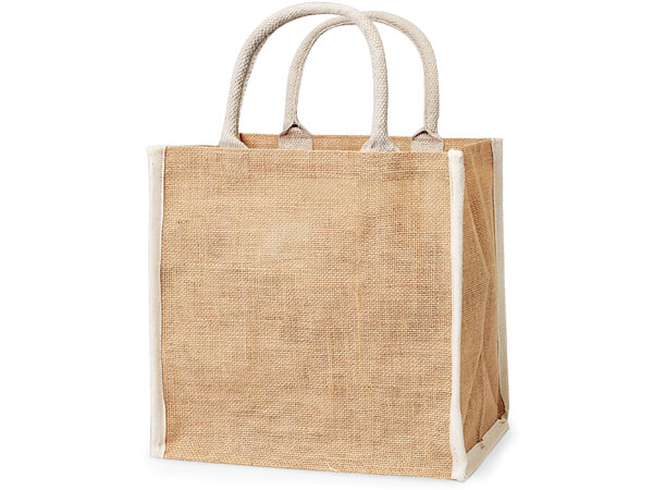 Reusable Burlap Tote with White Trim, Large 12x7.75x12
